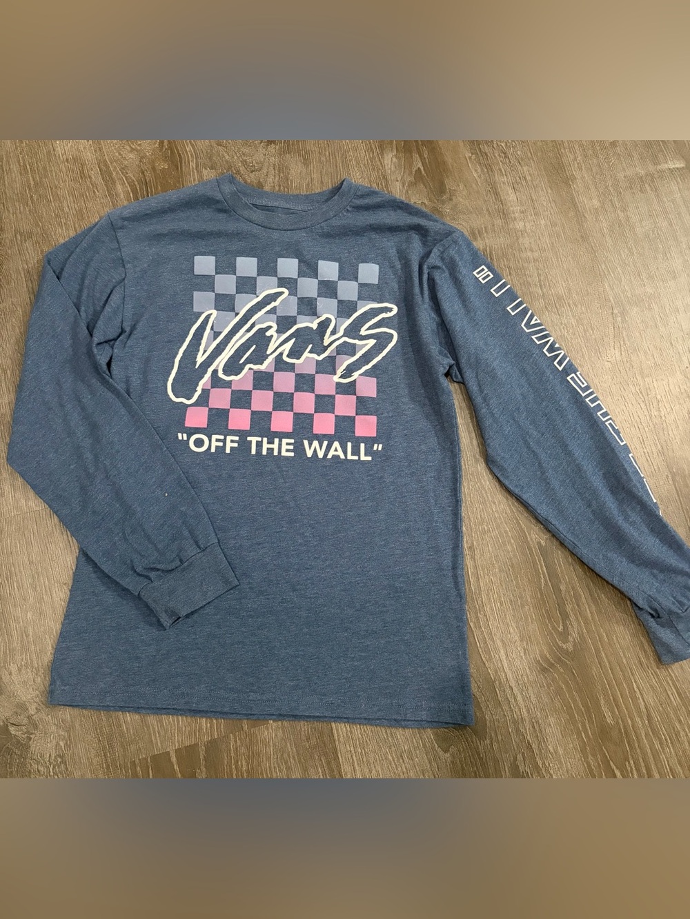 Vans Off The Wall Long Sleeve Shirt Mens Small Blue Checkered Graphic Tee